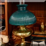 DL29. Brass lamp with green glass shade. 